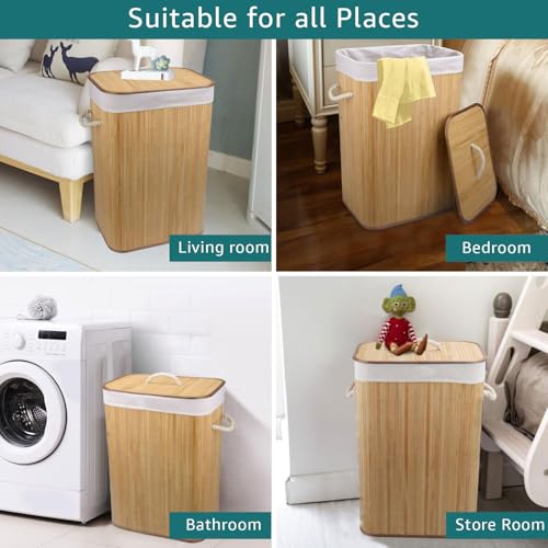 Image of LUXE HOME INTERNATIONAL Stripe Bamboo Laundry Basket with Lid | Eco-Friendly, Foldable & Lightweight Organizer (Natural, 40x30x60 cm, Pack of 1)