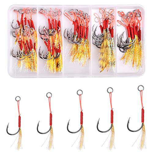 Juego de 50 ganchos de pesca Assist Jig con muelle de acero al carbono, ganchos afilados para cebo de pesca con pendiente lenta, juego de ganchos para trolling Cover