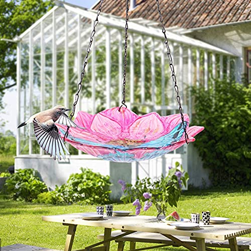 DREAM GARDEN Hanging Bird Bath - Glass Birdbaths Butterfly Birdfeeders Hanging for Outdoor Garden Yard Decoration, Pink