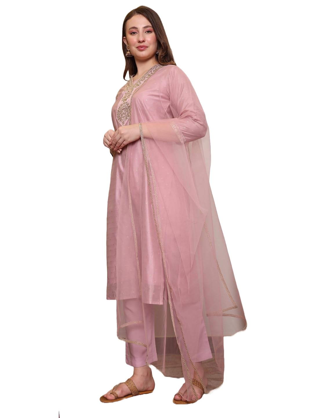 Women's Chanderi Cotton Silk Embroidery Kurta & Silk Crepe Pant Set And Net Dupatta Ethnic Wear Salwar Suit Set(ES_7538)-picture-32