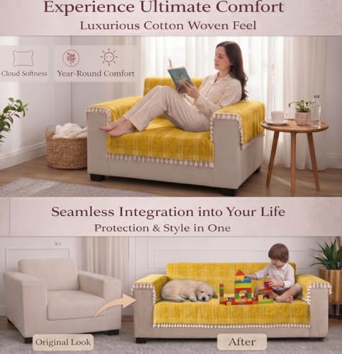 Image of STITCHNEST Woven Fabric Sofa Cover 3 Seater with 2 Hand Rest Covers - Washable Brown Sofa Cover with Tassels - Durable Premium Fabric - Stylish Sofa Protector for Living Room & Furniture Decor 4