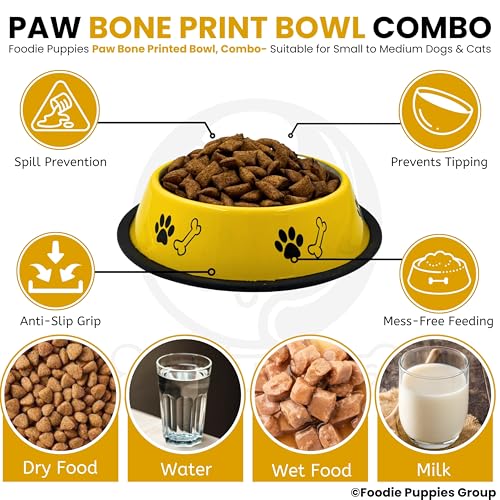Image of Foodie Puppies Stainless Steel Dog Bowl Combo - (Medium, 700ml) Food and Water Feeding Gift Bowl | Suitable for Dogs, Cats and Other Pets I Paw Bone Print, Anti-Skid Rubber Base (White + Yellow)