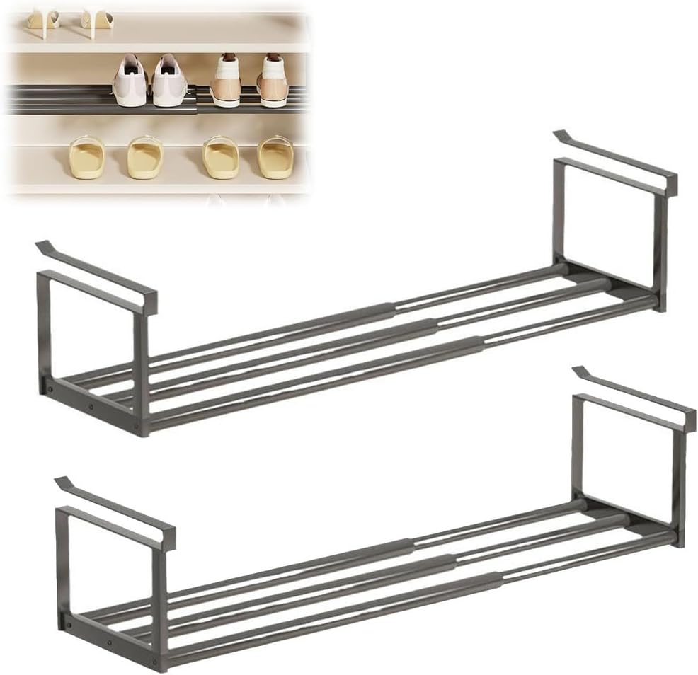 Cabinet Telescopic Shelf Shoes, Expandable Shoe Rack Organizer, Adjustable Shoe Rack & Under Cabinet Shelf, Multifunctional Telescopic for Shoe Clothing Storage,Black,2pcs