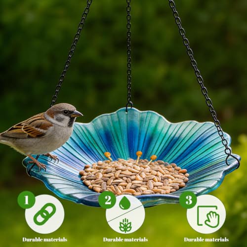 Image of HONGLAND Bird Baths for Outdoors, Glass Birdbaths Outdoor Birdfeeder with Metal Stake (Light Blue with Hanging)
