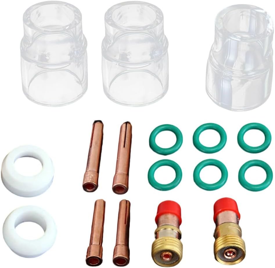 Minhe 17 Pcs TIG Welding Torch Accessories for WP-17/18/26 Series, 3/32 Inch Gas Lens and #12 Heat Cup Set with Chucks, Sealing Rings, PTFE Gaskets, Copper Glass Components