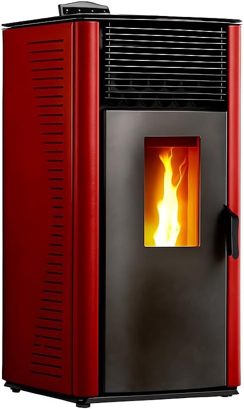 Close-up of the Sannover Anita 12 kW Pellet Stove, showing the front panel with the flame visible through the glass