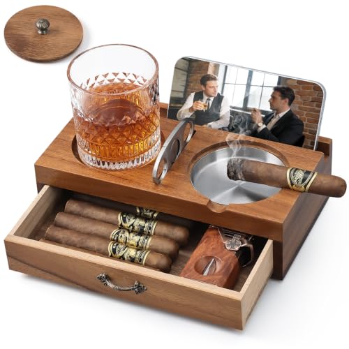 Joyoldelf Cigar Ashtray with Whiskey Glass Holder - Wooden Cigar Ashtray