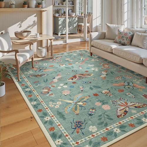 Lahome Insect Washable Area Rugs 5x7, Soft Green Rug for Living Room Bedroom Ultra-Thin Non-Shedding, Modern Stain Resistant Throw Large Carpet for Dining Room Kids Nursery(5'x7',Green)