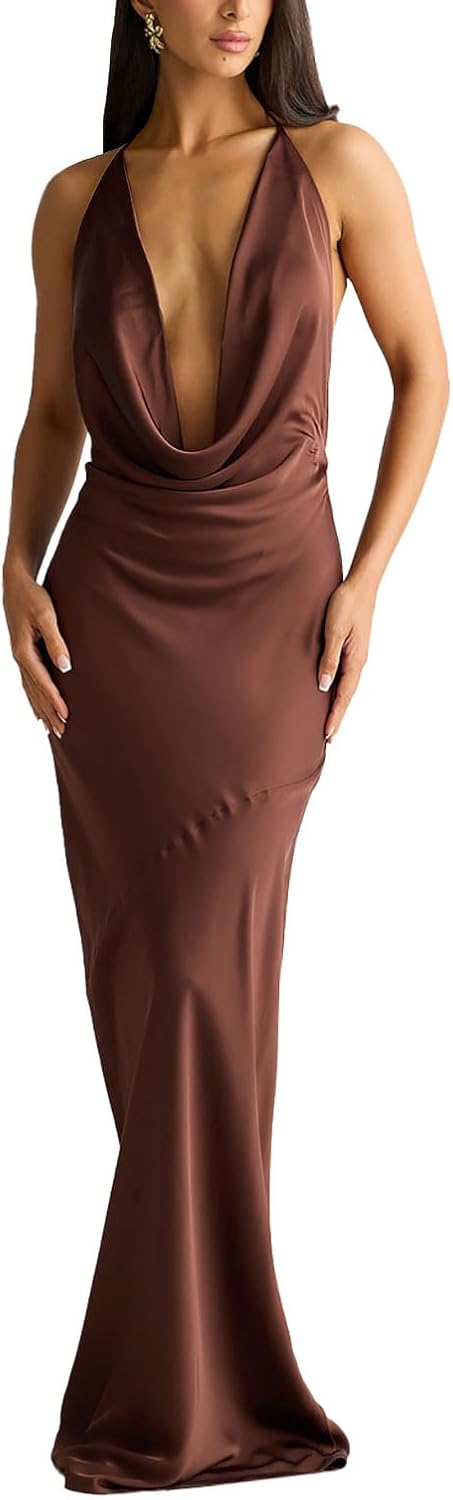 Yeenily Women Sexy Backless Maxi Dress Deep V Neck Sleeveless Halter Neck Formal Dresses Open Back Evening Gowns