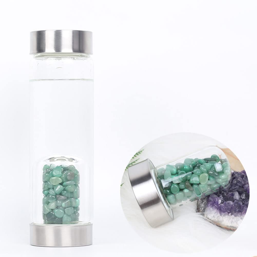 SAHKGYE Botella De Agua De Cristal Natural Botella De Agua con Piedras Preciosas De Cuarzo Healing Elixir Point Reiki Copa De Piedra De Grava con Gemas Removibles Y Funda Protectora