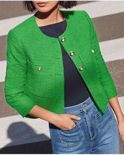 Women's Cropped Tweed Blazer Jacket Collarless Long Sleeve Button Down Work Office Jacket Casual Elegant Outfits4