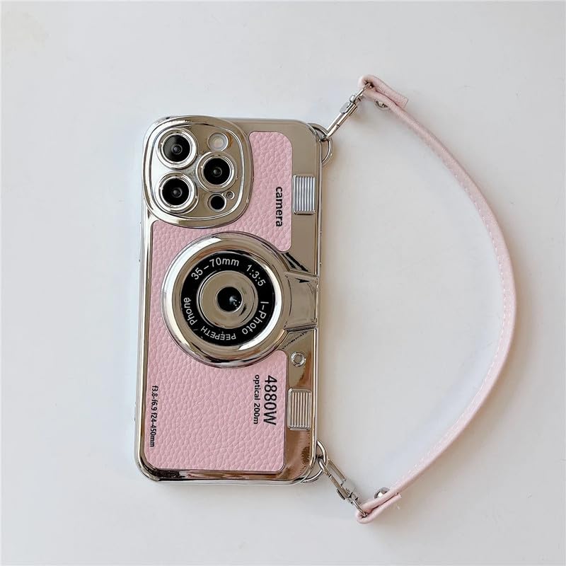 Image of LuxuryKase Retro Vintage Camera Style Case for iPhone 15 Pro | 3D Lens Design | Hand Strap | PU Leather Finish | Soft TPU Edge | Stylish Fashion Cover - Pink