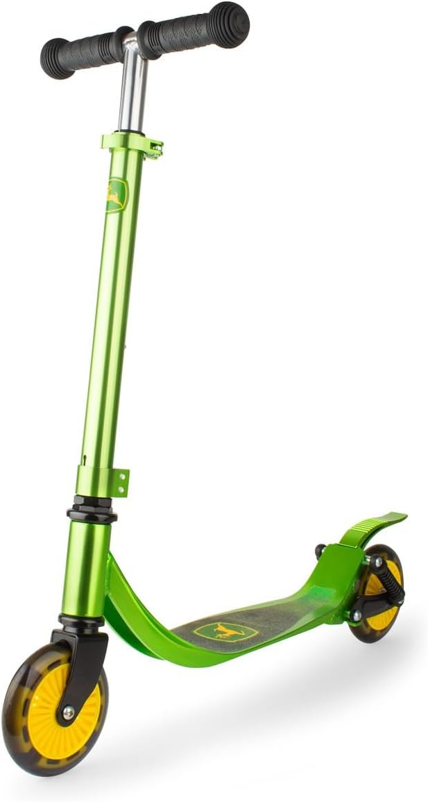 TOMY John Deere Kids Kick Scooter - Aluminum Girls and Boys Scooter -Includes Light Up Wheels and Adjustable Height for Growing Kids - for Ages 5 Years and Up