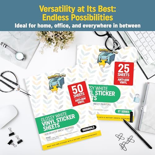 Image of Glossy Printable Vinyl Sticker Paper Waterproof 25 Sheets 8.5 inchx11 inch, Inkjet Printer (HP, Canon, Brother Printers Compatible) - Weatherproof White Sticker Sheets - Strong Adhesive