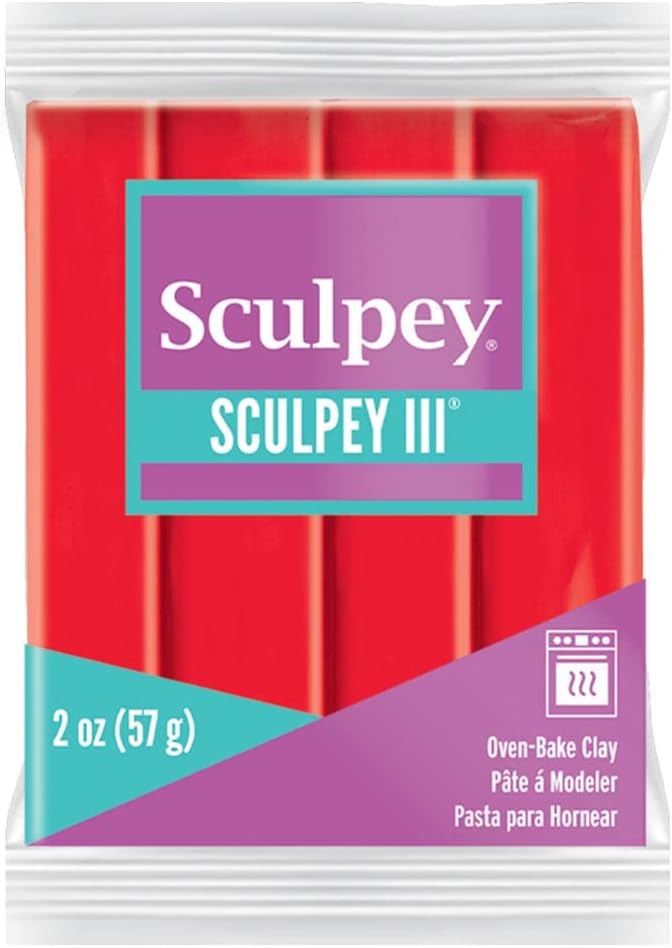 Polyform Sculpey III Polymer Oven-Bake Clay, Red Hot Red, Non Toxic, 2 oz. bar, Great for modeling, sculpting, holiday, DIY, mixed media and school projects.Great for kids & beginners!