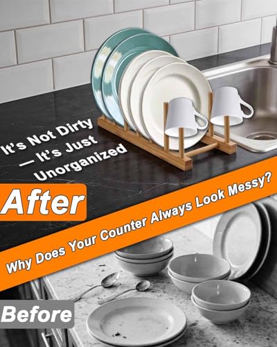 Image of Bamboo Dish Rack, Stylish Vertical Wooden Plate Holder & Drainer, Multi-Purpose Kitchen Cabinet Organizer for Dishes, Pots, Lids, Bowls, Cups & Cutting Boards（6-Slot Design）