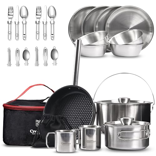 CretFine CampPro Camping Cook Sets Stainless Steel Camping Cookware Set for 4-8 Camping Equipment, Stainless Steel Camping Pots RV Cooking Set, Camp Cookware Set & Car Camping, Bushcraft with Bag