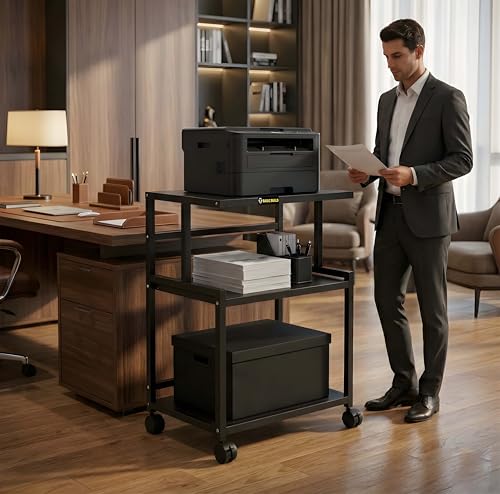Image of Premium Metal Iron Black Printer Stand with Wheels - Heavy-Duty & Stylish Storage Solution for Files, and Essentials - Durable, Modern & Perfect for Homes & Offices. (Black)