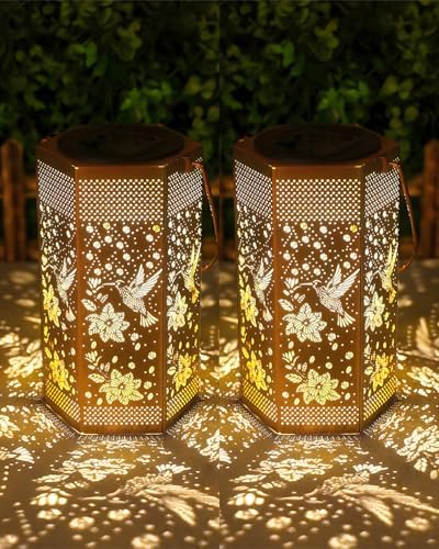 Birthday Gifts for Women Men - Father Day Gifts, Garden Decor Solar Lights Outdoor, 2 Pack Hummingbird Solar Lantern Outdoor Waterproof Outdoor Decoration for Outside, Yard, Lawn, Patio Deals
