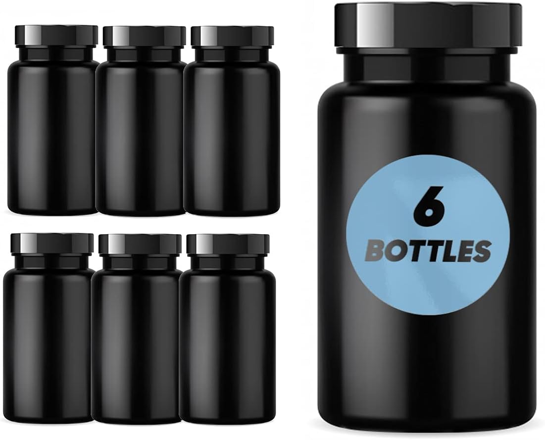 Plastic Pill Bottle (6 Pack) Dark Amber Container with Smooth Black Lid, 38-400 Neck, 120 cc Capacity