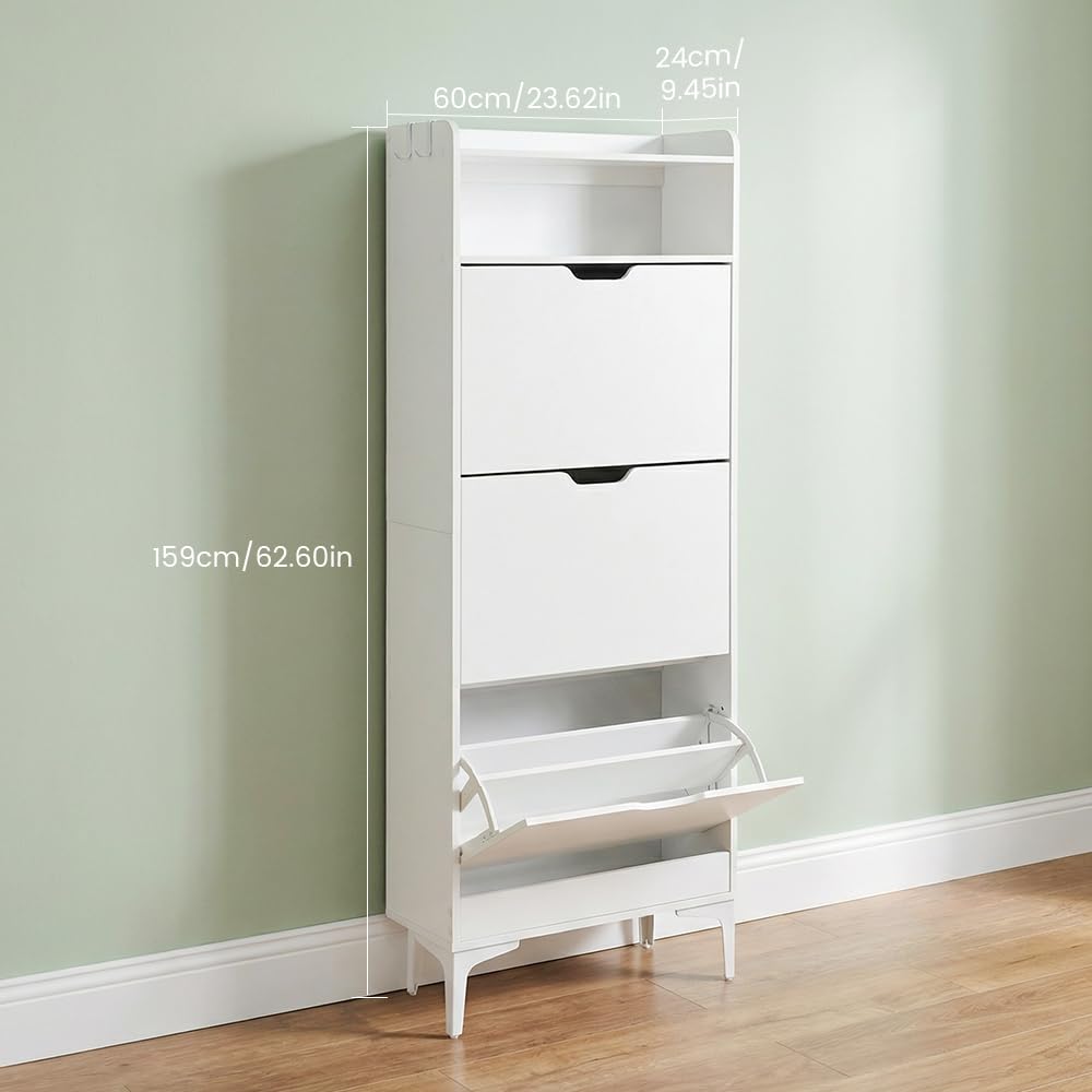 EGGREE Zapatero Alto y Estrecho con 3 Puertas Abatibles y Compartimento Abierto, Mueble Ahorrador de Espacio para Pasillo, Apartamento, Habitaciones, Blanco, 60x24x159 cm