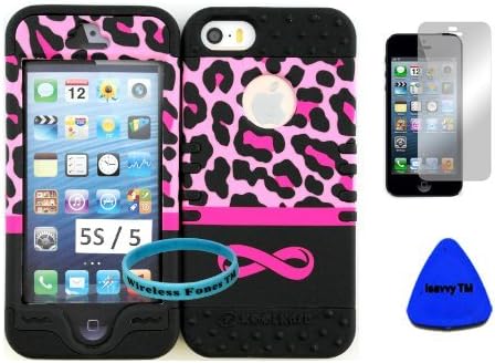 Hybrid Rocker Kool Case Cover for Iphone 5s Pink Leopard with Infinity Logo Hard Plastic Protective Cover Case on Black Silicone Gel. (Included: Wristband, Screen Protector, and Pry Tool Exclusively By Wirelessfones Tm)