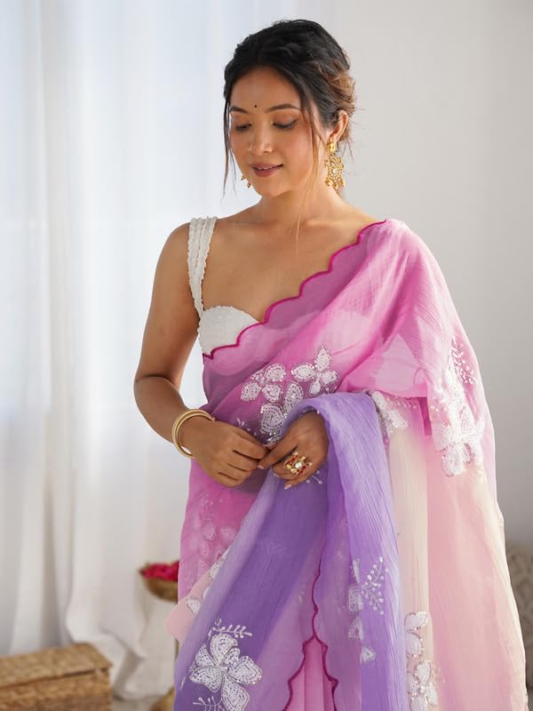 Image of Women's Orange-Yellow Ombre Saree with Floral Embroidery | Lightweight & Festive Saree | Elegant Ethnic Wear for Women