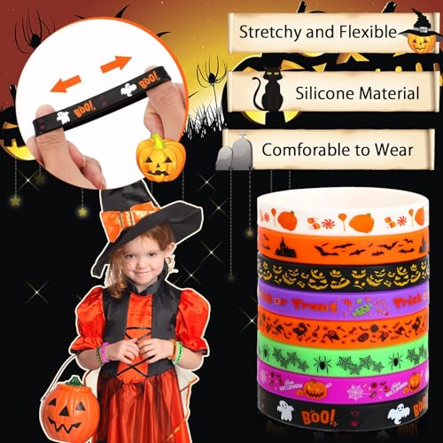 Image of JUNEBRUSHS 64pcs Halloween Party Favors Silicone Bracelets Rubber Wristband