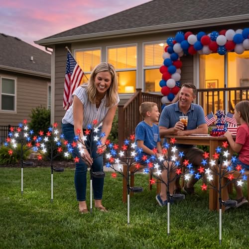 Luces del 4 de julio con 8 modos de iluminación y estaca de burbujas decorativa 5