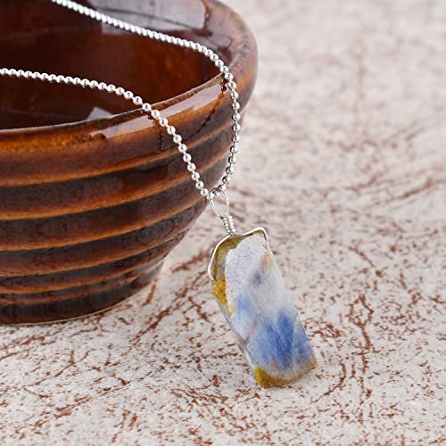 Zembience Natural Raw Blue Sapphire Slices Pendant Necklace, Rough Gemstones, Healing Crystals, Silver Plated Chain, Handmade, September Birthstone, Women Jewelry, Christmas Gifts, 18" #TOP2
