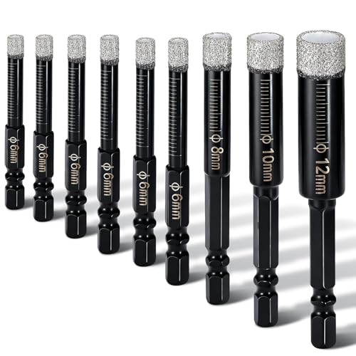 Lothee 9 Pack Diamond Drill Bits Set 1/4 Hex Shank Sizes 1/4" 5/16" 3/8" 1/2" Dry Tile Drill Bits Set for Ceramic Porcelain Glass Granite Marble Brick Stone
