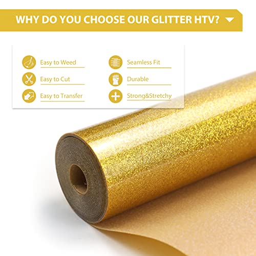 Image of HTVRONT Gold Glitter Heat Transfer Vinyl - 12 inch x 10ft Gold Glitter Iron on Vinyl for Shirts, Glitter HTV Vinyl Rolls for Heat Vinyl Design