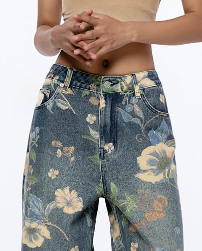 Women's High Waisted Wide Leg Jeans Flower Printed Straight Leg Baggy Jeans High Rise Loose Boyfriend Denim Pants4