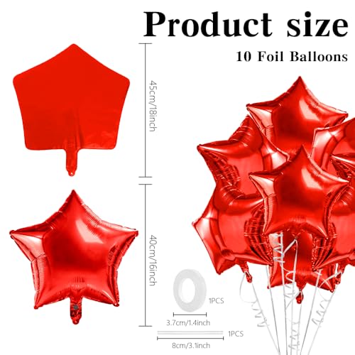 Image of Star Balloons, 18 Inch Foil Balloons, 10 PCS Star Balloons Foil, Red Star Foil Balloons Set Mylar Balloons Red Balloons Star for Birthday Party Anniversary Wedding New Year Valentine Decorations
