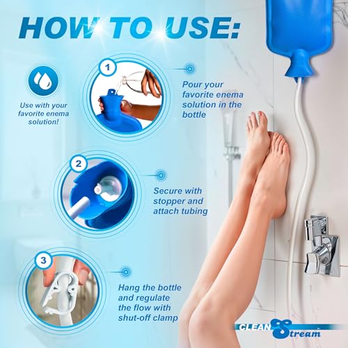 Image of Cleanstream Deluxe Shower Enema Kit for Men, Women. Large Bag Capacity, Adjustable Control Valve, 5Ft Hose with 3 Unique Tips, Easy to Use. 13 Pieces, 1 Set, Blue.