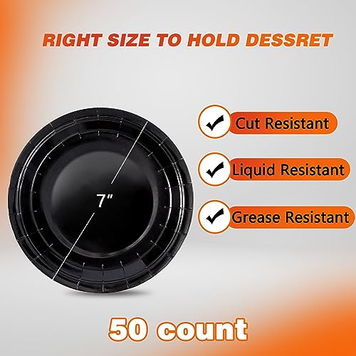 Image of Black Disposable Paper Plates, 7 Inch Dessert Cake Plates, 50 Count Bulk