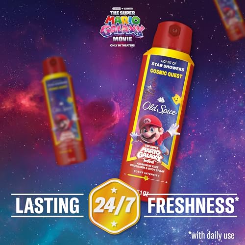 Image of Old Spice Aluminum Free Body Spray for Men, Old Spice x The Super Mario Galaxy Movie, 24 /7 Lasting Freshness, Lasting Odor Protection, Smell Super with Cosmic Quest, Star Showers Scent, 5.1 oz