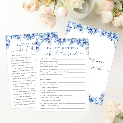 Image of Twenty Questions About The Bride Games, 25 Blue Floral Wedding Shower Game Cards Set, Engagement Party Game for Guests, Wedding Games for Reception, Minimalist Marriage Party Supplies-07