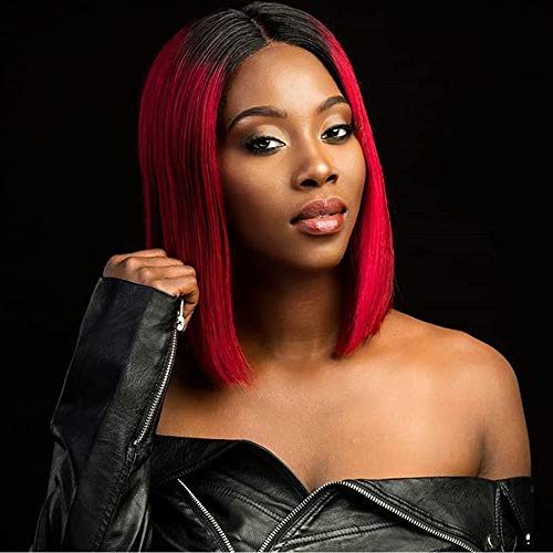 NOBLE 4x4 Lace Frontal Synthetic BOB Wigs for Black Women |11.5 inches Free Part Classical Bob Wig | Realistic Synthetic Lace Front Wigs Black to Wine Red Color