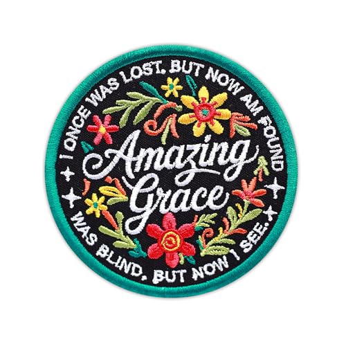 Amazing Grace Embroidered Patch Christian Hymn Bible Fabric Embroidery Patches Floral Church Religious God Worship Iron On Sew On Patches for Clothes Backpacks Hats Gifts for Women Men 3x3 Inches