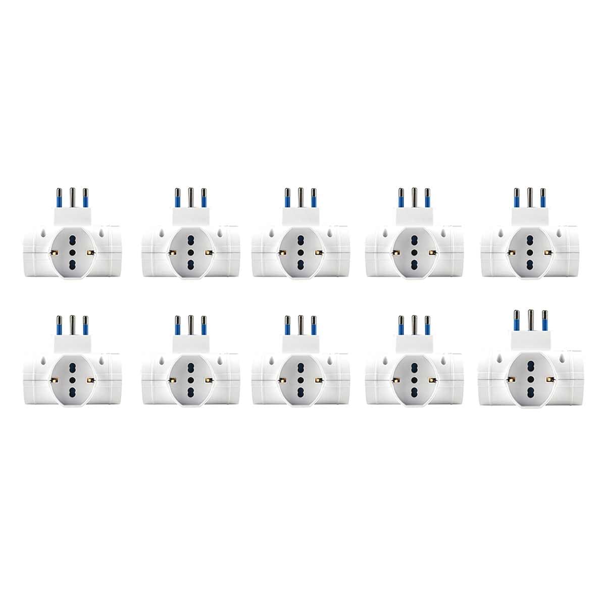 Adattatore Tripla da Viaggio con Spina Angolare 16A e 3 Prese Universali 10A/16A Bipasso/Schuko, Max 250V 1500W, Multipresa 3 in 1 (10 Pezzi)