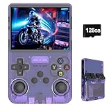 Whatsko R36S 128GB RK3326 ArkOSシステム レトロハンドヘルドゲームコンソール 3.5インチIPSスクリーン 64ビット デュアル3Dジョイスティック ポータブルエミュレータ互換機 3500mAh 日本語対応 紫