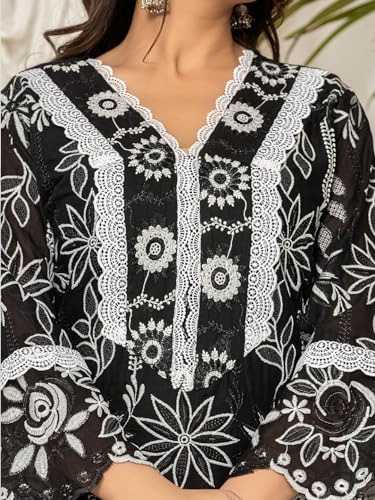 Image of INDO ERA Women's Pure Cotton Embroidered Straight Kurta And Pant With Dupatta Set (Kh0Bk6063)