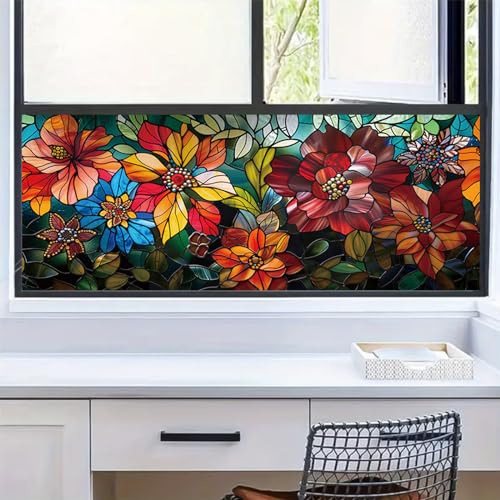 WBQMUNY Stained Glass Window Film,Frosted Glass Window Film,Static Cling Window Privacy Film Decorative UV Sun Blocking Non-Adhesive Glass Window Covering for Home Bathroom 17.5