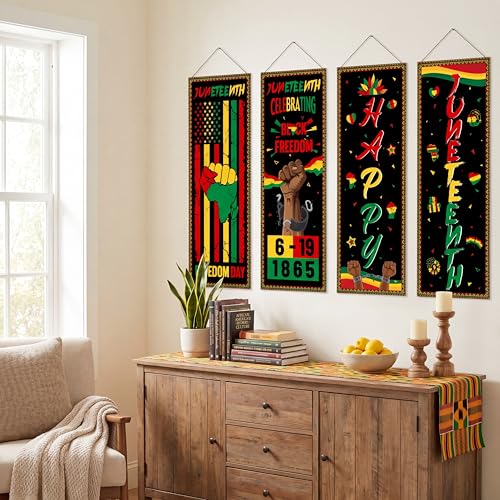 Image of Panelee 4 Pcs Happy Juneteenth Porch Sign Banners Juneteenth Decorations African American Independence Day Freedom Day Banner Backdrop for Classroom School Doorway Indoor Outdoor Wall Hanging Decor