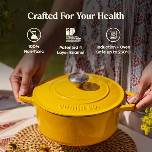Image of CUMIN CO. Cast Iron Dutch Oven 1.2L, 16 cm | Induction Base Cookware | 10 Years Warranty | Non Toxic Non Stick Biryani Pot with Lid | Heavy Bottom | Chemical Free Coating | Free Accessories | Mustard