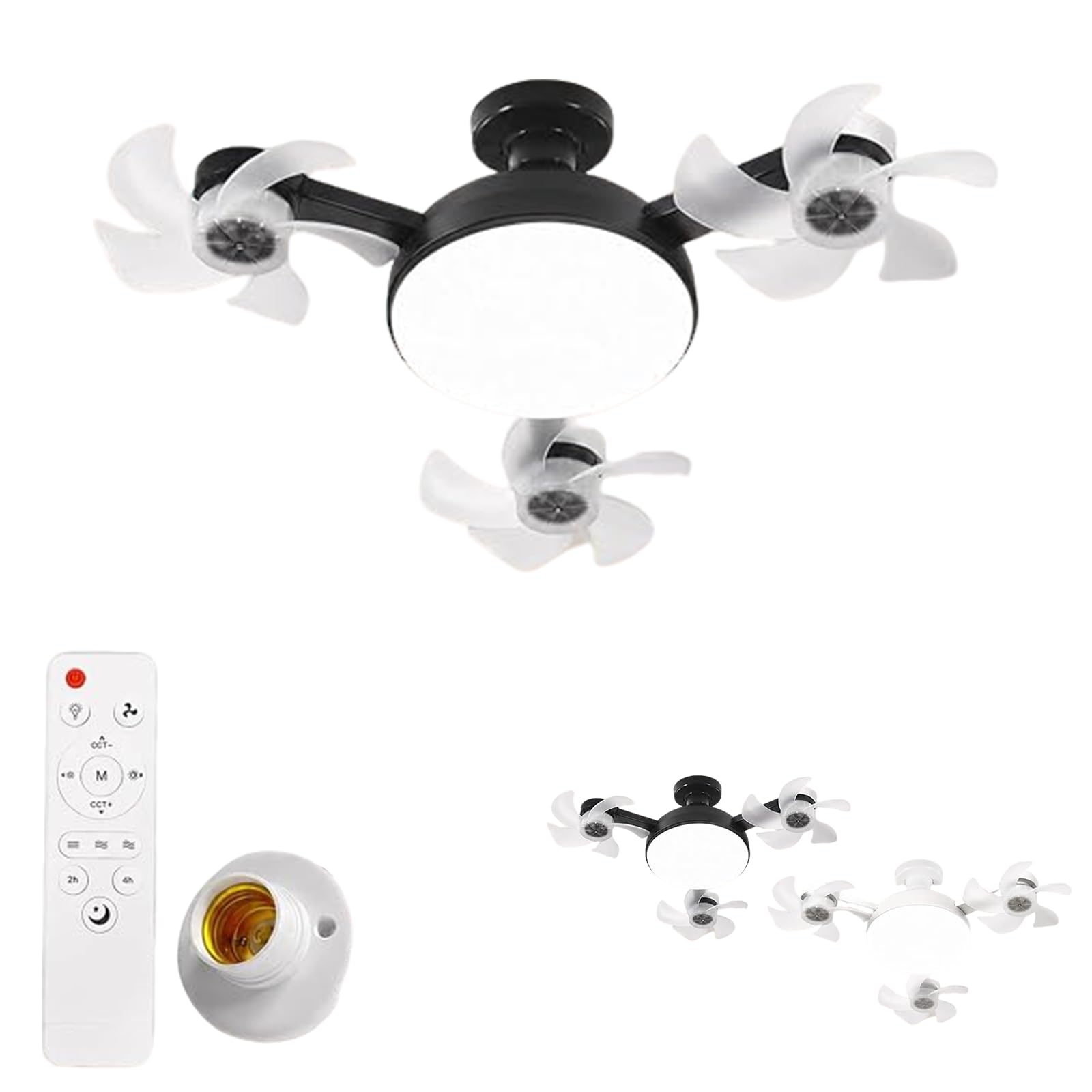 E27 Screw in Ceiling Fan in Light Socket Led Drone Ceiling Fan Light with Remote Dimmable Timing Socket Light Bulb Fans Silent Plug in Lamp Fans for Bedroom (Black, 3 Heads)