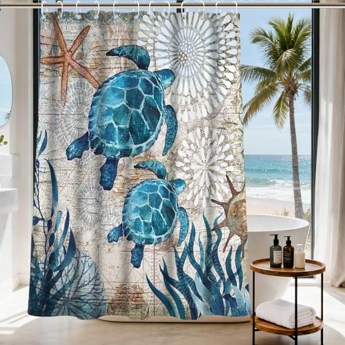 Final Friday Nautical Green Sea Turtles Beach Theme Fabric Shower Curtain Sets Bathroom Blue Ocean Decor with Grommets and Hooks - 72 x 72 Inch Teal