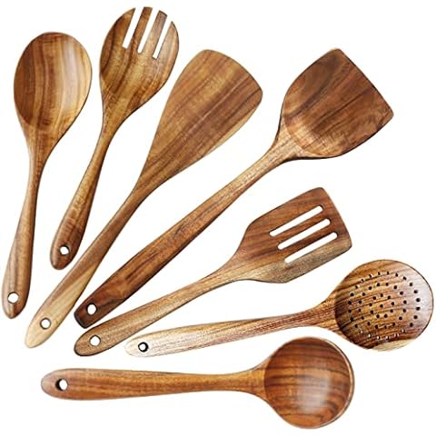 Wooden Spoons for Cooking, ADLORYEA Wood Kitchen Utensils Set, Natural Teak Wooden Cooking Utensils set for Nonstick Cookware, 7-Piece Sturdy Eco-friendly and Healthy Wooden Spatula for Cooking Cover