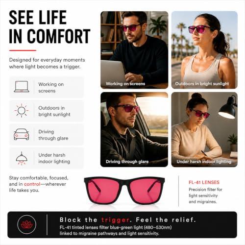 Image of Eyewearlabs OKNO FL-41 Migraine Relief Glasses | Rose Tinted Blue Light Glasses for Migraine, Photophobia, Light Sensitivity & Digital Eye Strain | Men & Women | Phantom